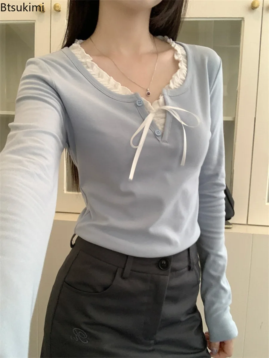 

New Women Y2K Vintage Aesthetic Long Sleeve Cropped Tshirt Korean Fashion Coquette Lace Bow Slim Simple Streetwear Casual Tops