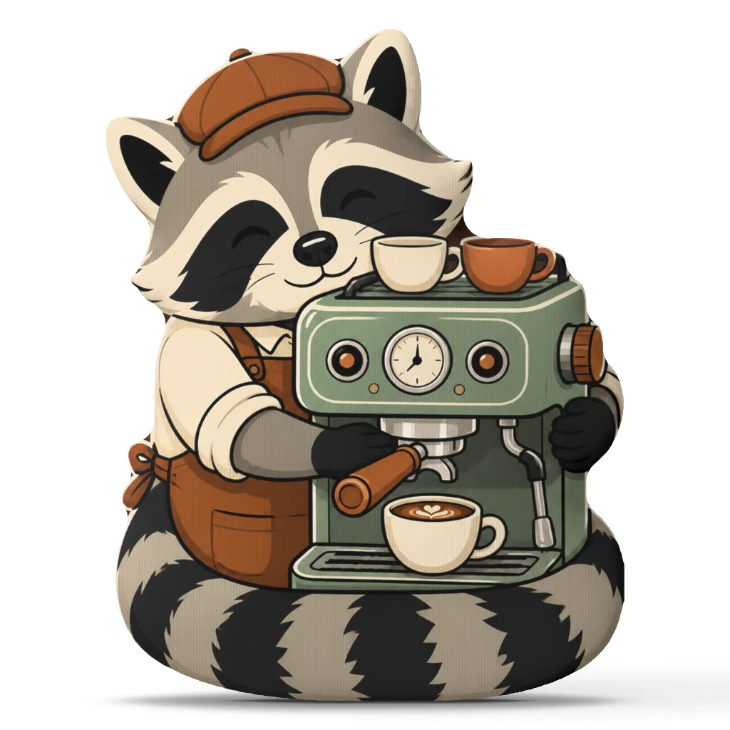Cute Raccoon Barista Espresso Machine Plush Pillow Coffee Lover Throw Cushion Stuffed Shaped Sofa Decor Gift for Baristas
