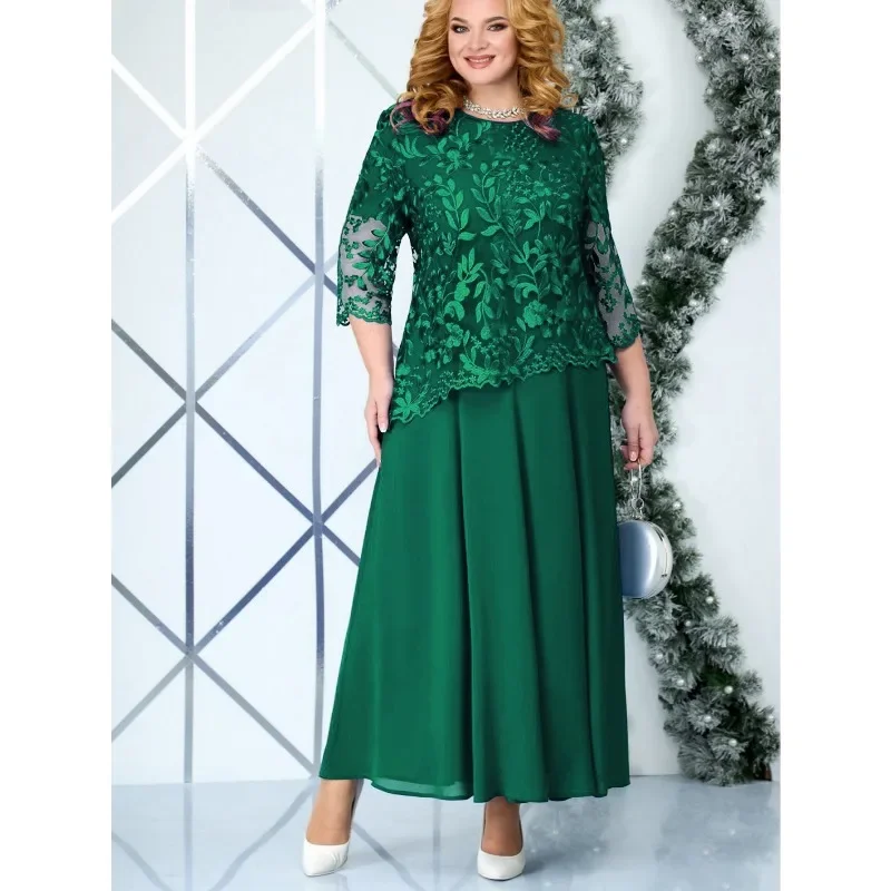 

5XL Plus Size Long Dresses Women Clothing Summer Embroidery Fake Two Piece Elegant Party Dress for Wedding Guest Church Dress