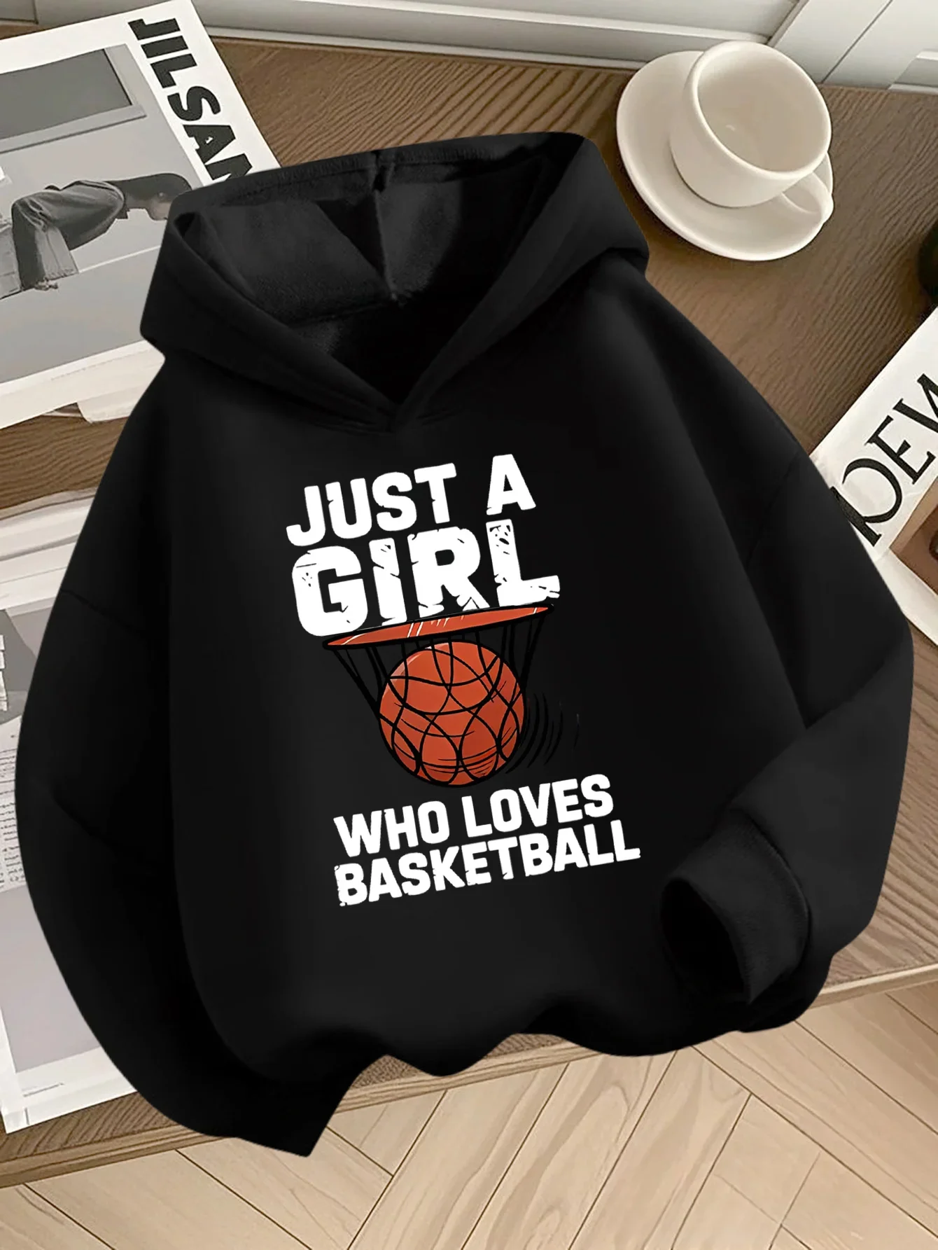 Teen Girls Just A Girl Basketball Graphic Hoodie Printed White Sweatshirt Sports Casual Loose Hooded Pullover Tops