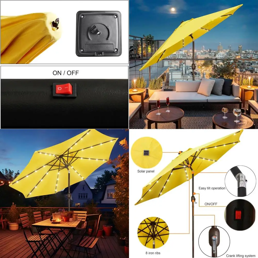 

Зонт для патио с LED-подсветкой на солнечных батареях, 9 футов, для сада, террасы, двора, бассейна и пляжа - Желтый
