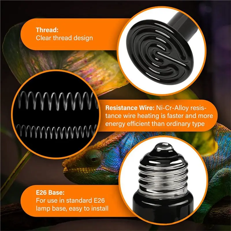 A25F-Reptile Heating Bulb 3PCS 50W 220V E27 Black Far Infrared For Turtles Snakes Chameleons Heat Lamp
