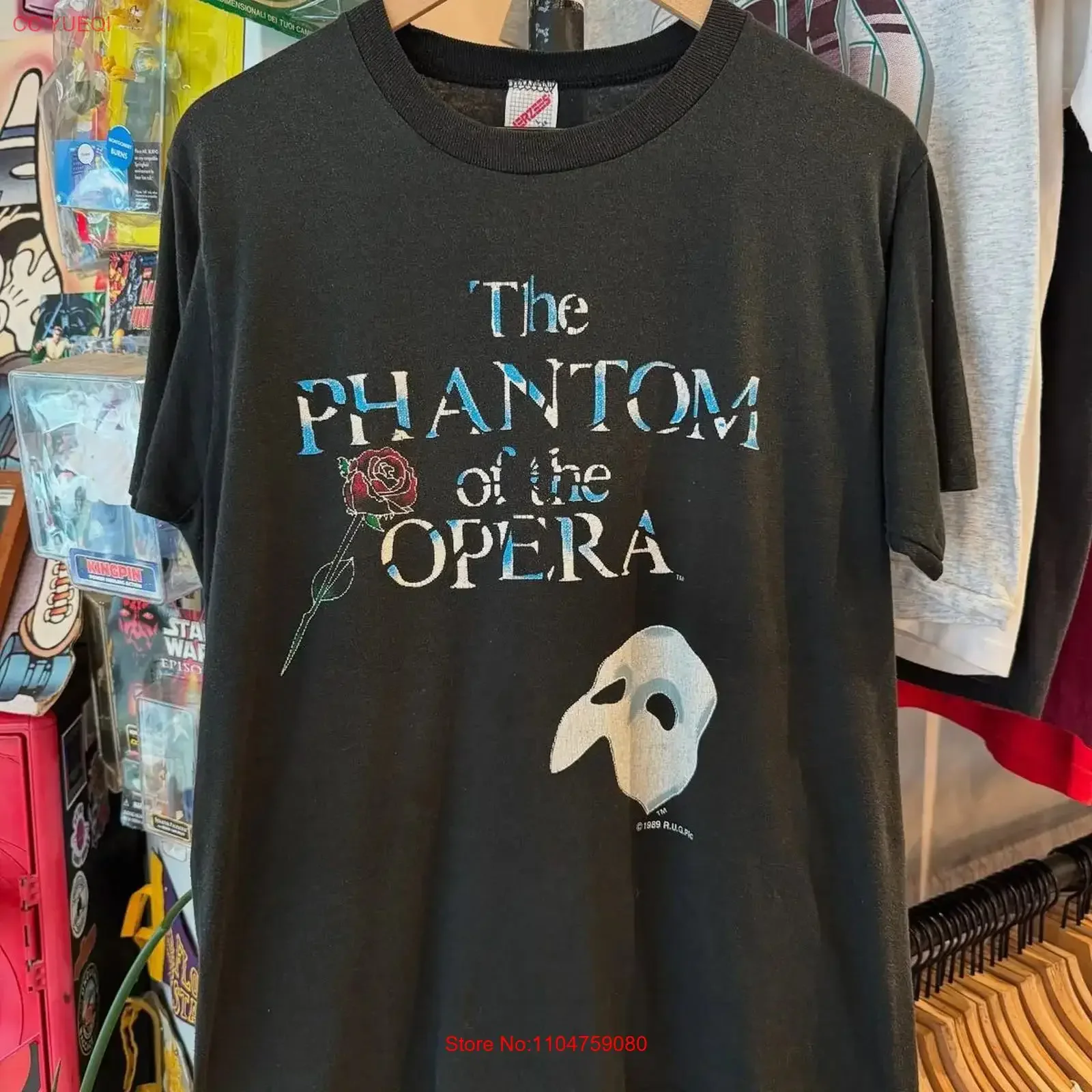 The Phantom Of Opera basic Style Black T shirt 90s tee NH22590 vintage Washed streetwear Slightly Top For Everyday Wear Soft