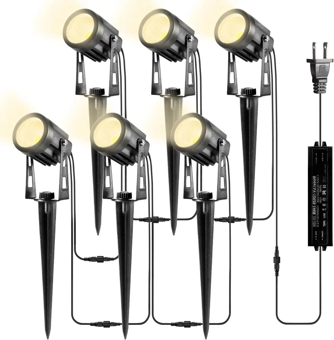 Landscape Lighting, 5W 12V Extendable Low Voltage 6 in 1 with Transformer IP65 Waterproof Spotlight for Garden Walls Trees Flag