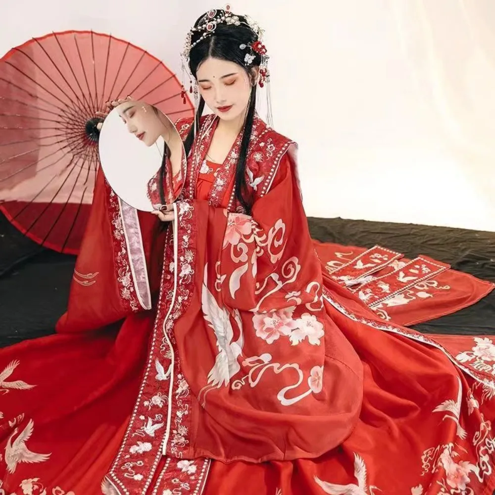 Rode Hanfu Vrouwen Lied Dynastie Bruiloft Bruid Cosplay Kostuum Xia Pei Taille Lengte Rok Chinese Traditionele Kleding Voor Vrouwen