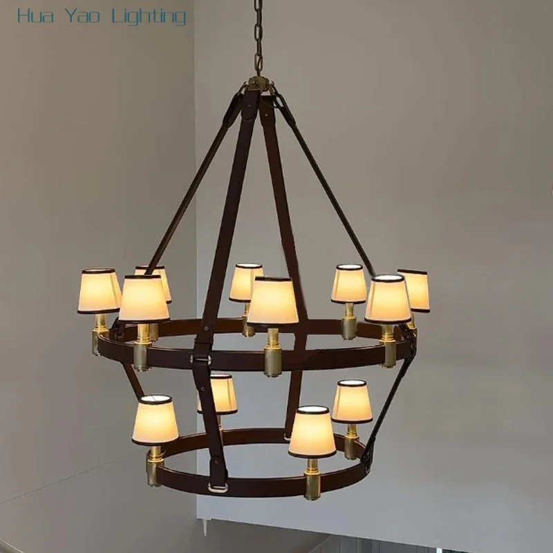 Fashionable Style Full Copper Cloth Cover Pendant Lamp Villa with Empty Living Room Doublelayer Leather Highend Lighting Fixture