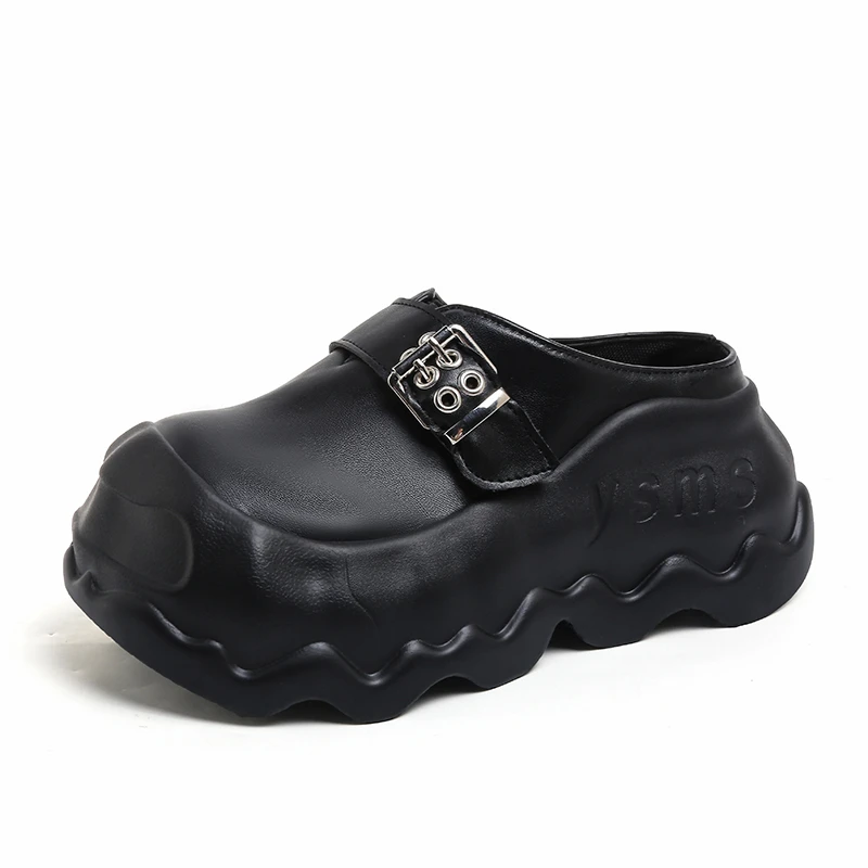 

Slippers Women 2026 New Autumn Winter 8cm Thick-soled Half Slippers Leather Female Wear Fashion Closed Toe Women Slippers