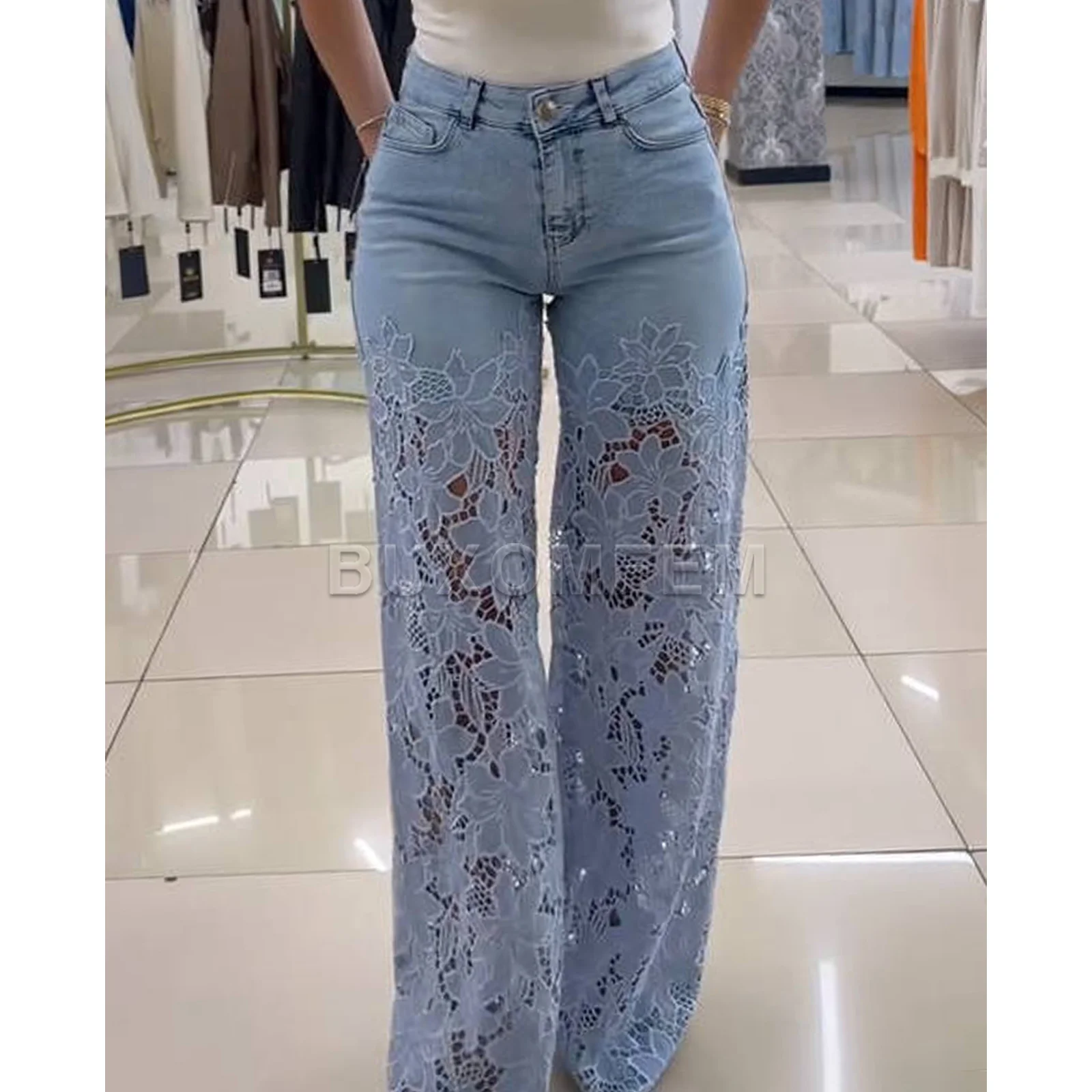 

2025 Spring Summer Fashion Style Versatile Jeans Wide Leg Streetwear Trousers Lace Splicing Cowboy Straight Leg Pants for Women