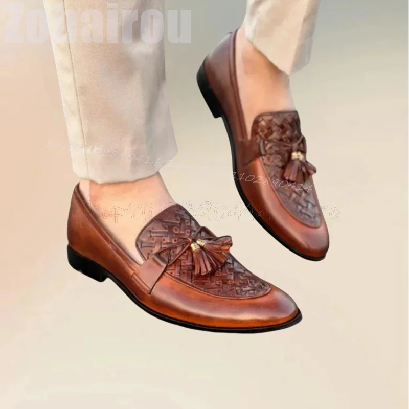 

Brown Knitted Design Tassels Decor Penny Loafers Fashion Slip On Men Shoes Luxury Handmade Party Banquet Office Men Dress Shoes