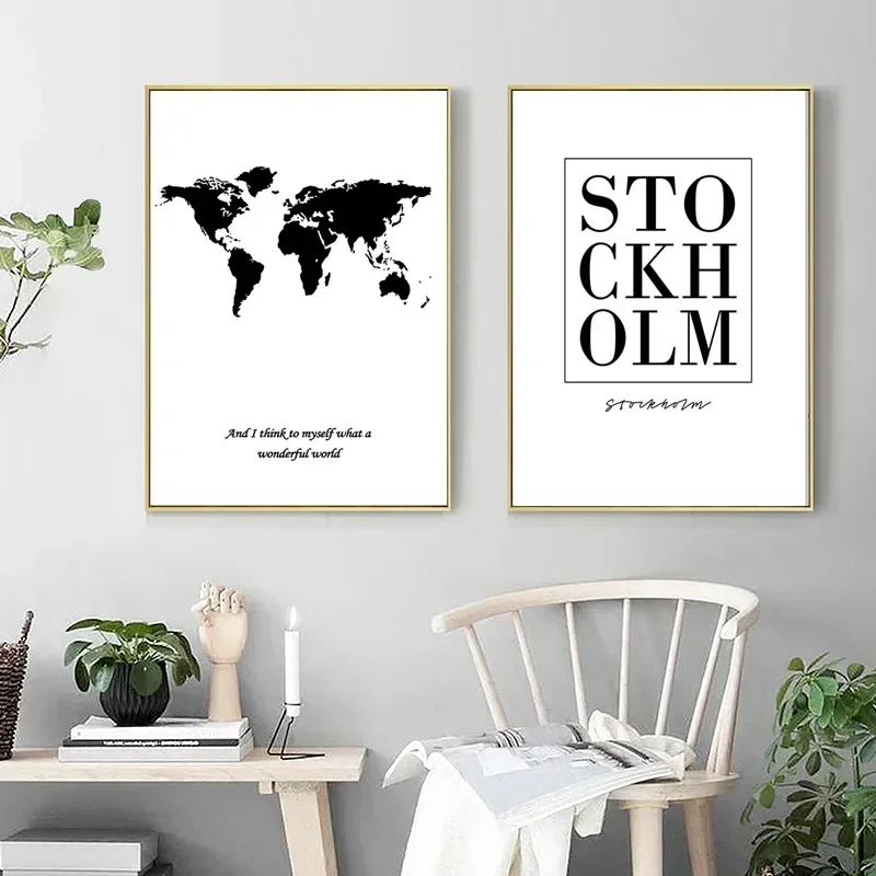 Nordic Minimalist Black and White Wall Art Canvas Painting World Map HD Posters Prints Picture for Modern Living Room Home Decor