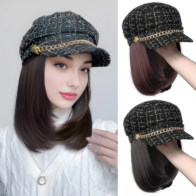 MSTN Straight Hair Hat Wig Medium Long Hair Black Beret Autumn Winter Hat Chemical Fiber Wig Hair Extensions Hair Accessories