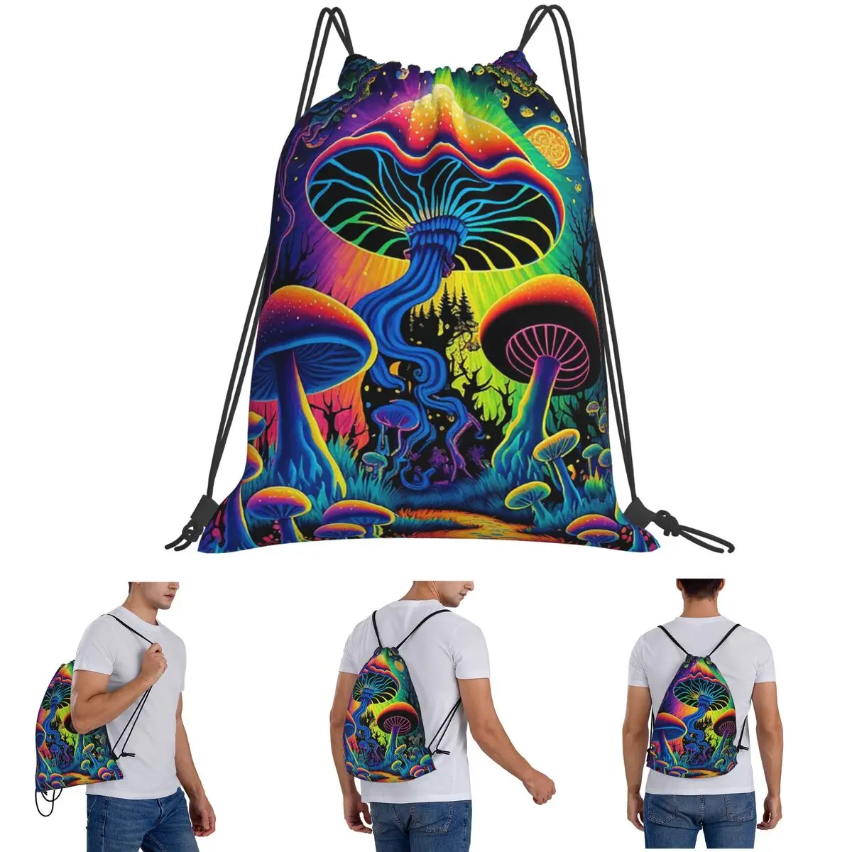 Psychedelic Magic Glowing Mushrooms 3 Backpacks Portable Drawstring Bundle Pocket Sports Bag Book Bags for Travel Students