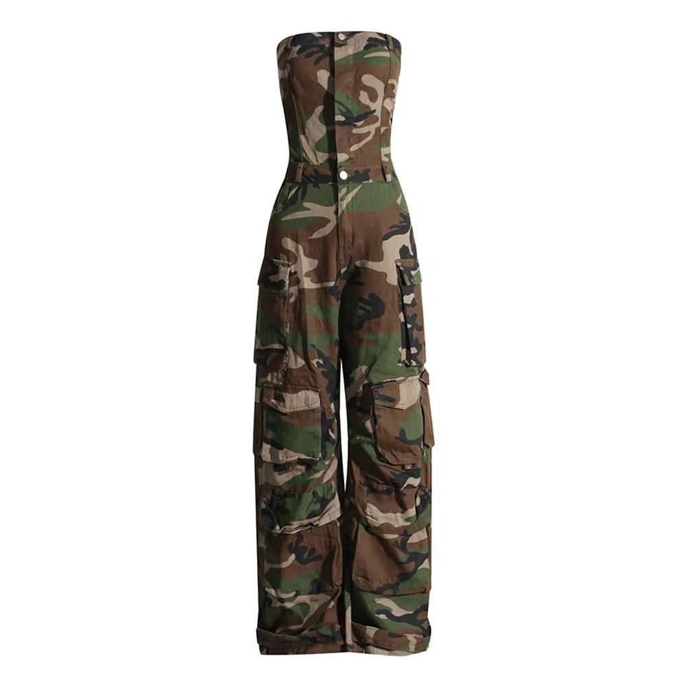 VGH Camouflage Chic Streetwear Jumpsuits For Women Strapless Sleeveless Backless High Waist Spliced Pockets Jumpsuit Female New