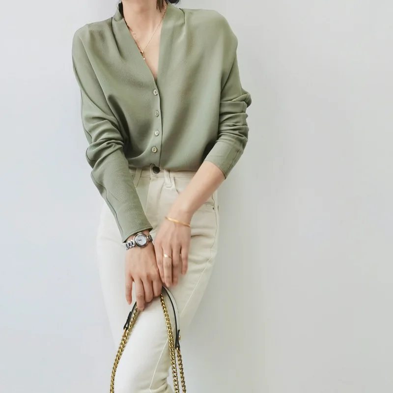New Round Neck Silk Heavy Button-down Shirt Women Mulberry Silk Shirt
