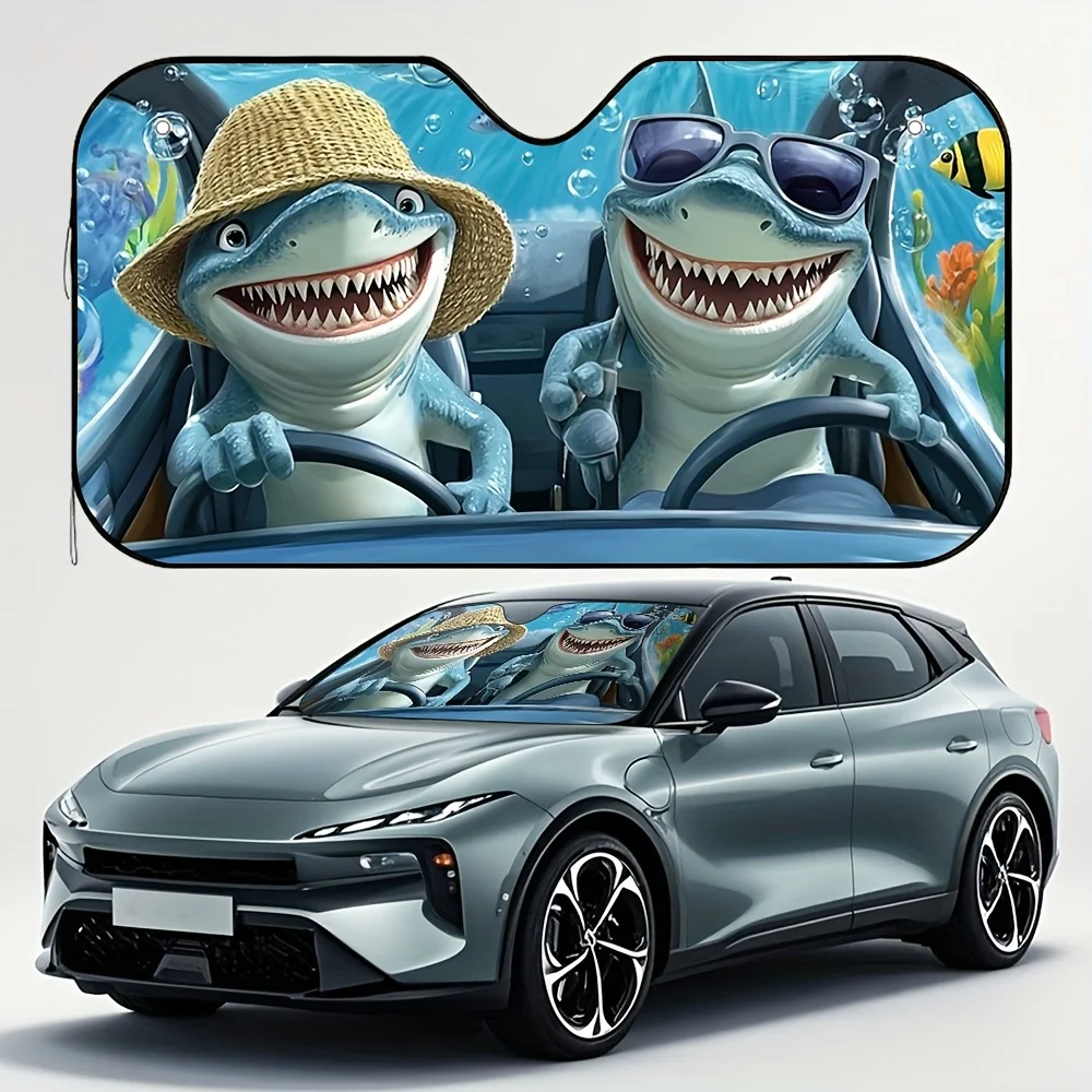 Sharks on Joyride Car Sun Visor Cartoon Shark Design with Fashion Glasses Hats Fit for All Cars Reduces Direct Sunlight Glare