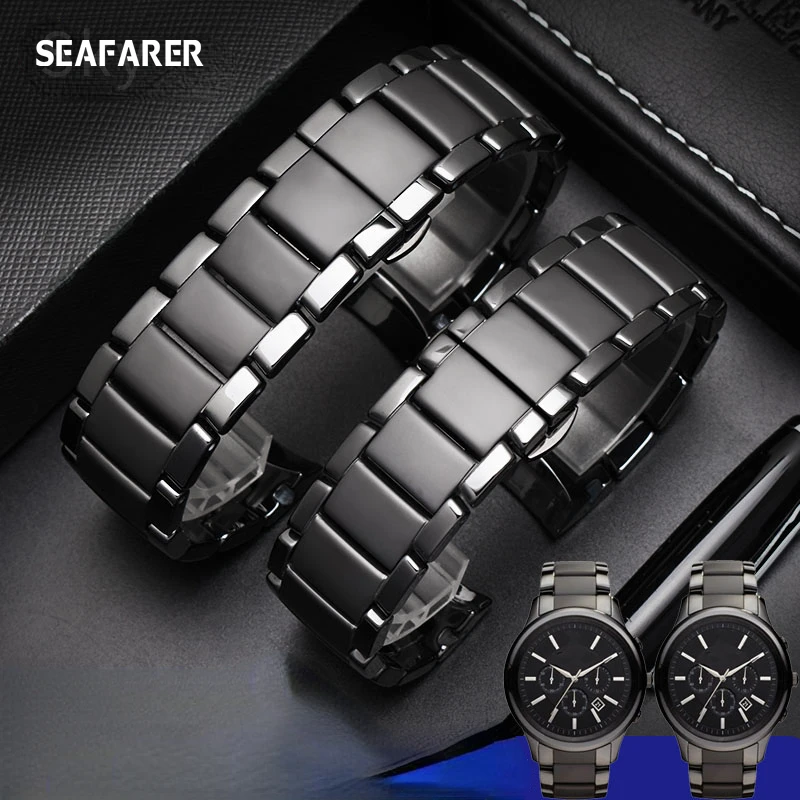 WatchBands Ceramic Watch Band Male for Armani Ar1400 1410 1451 1452 Black Watch Bracelet Female 22 24mm Watch strap