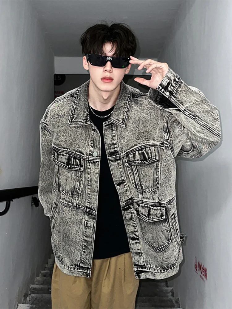 

Ретро-куртка из американского денима с эффектом потертости, мужская, высококачественная, стильная, для уличной моды, весна-осень, с множеством карманов, рабочая куртка