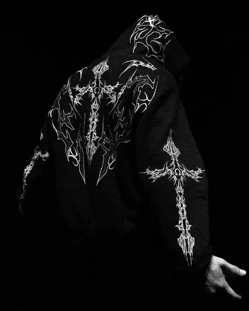 

2025 High Street Trendy Streetwear Gothic Punk Cross Printed Oversized Sweatshirt Men Personality Harajuku Retro Casual Hoodie