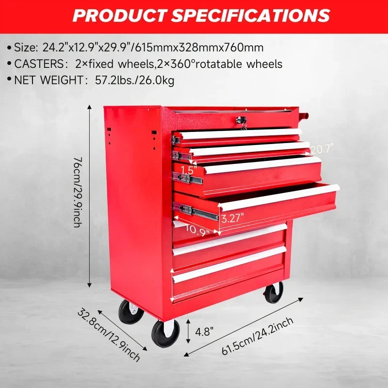 7 drawer mobile metal toolbox with wheel - High safety locking mechanism, high strength cold rolled steel, robust safety tool ca