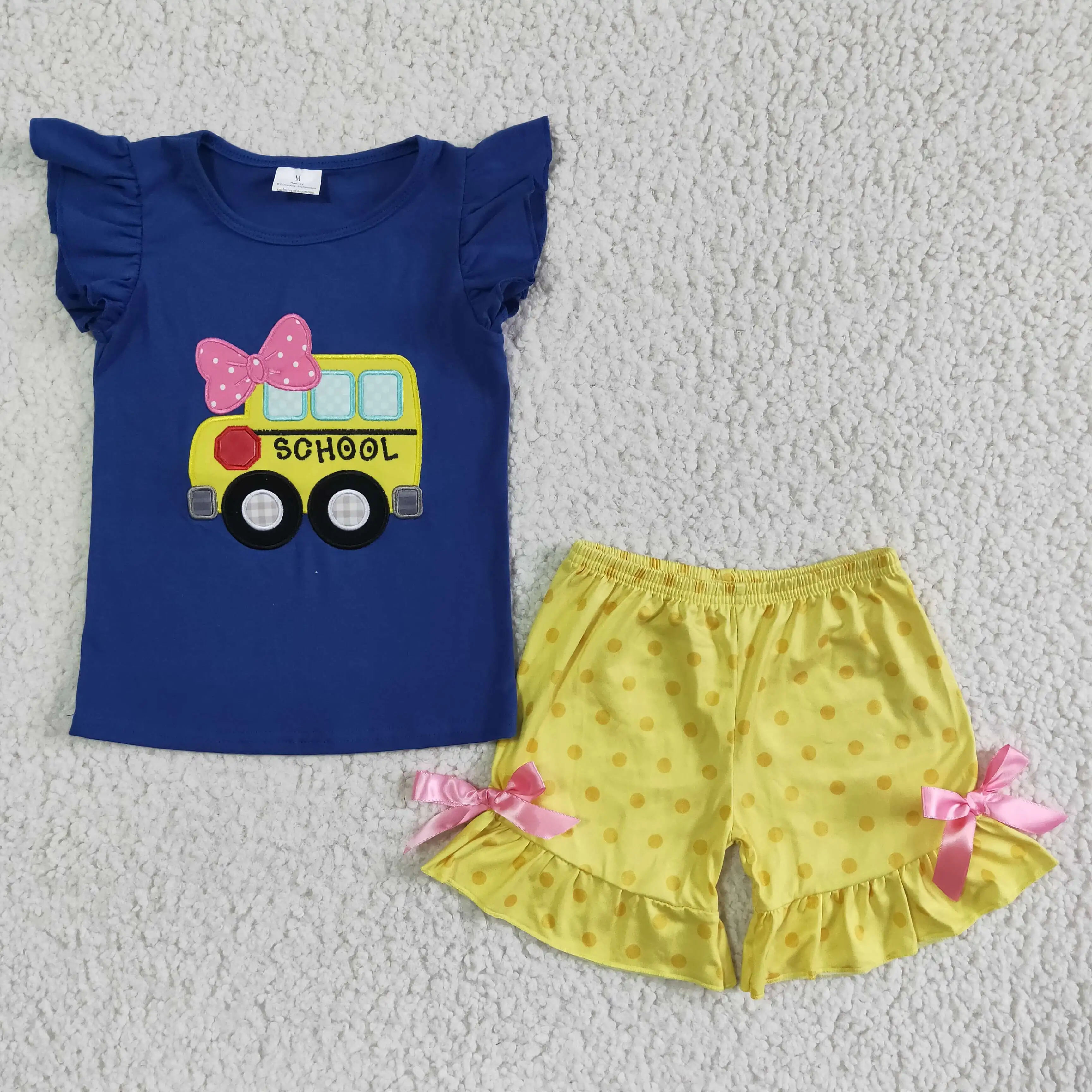 

Back to School Embroidery Bus Toddler Baby Girl Clothes Summer Outfit Children Yellow Dots Shorts Wholesale Kids Set Clothing