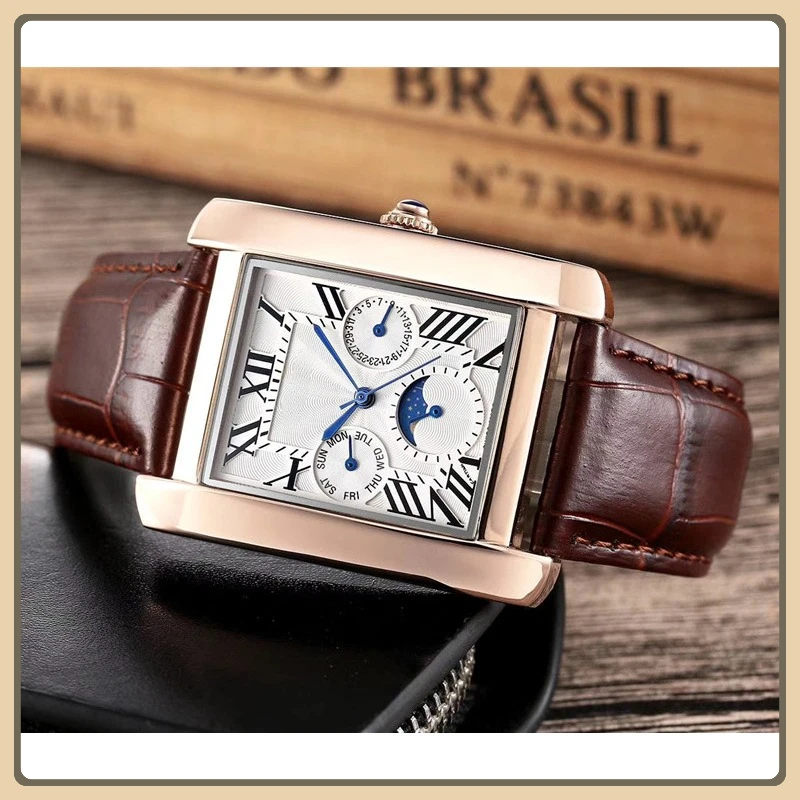 Luxury Watch Men Automatic Watch Tank Series Roman Numerals Calendar Moon Week Leather Strap Elegant Mechanical Watch for Women