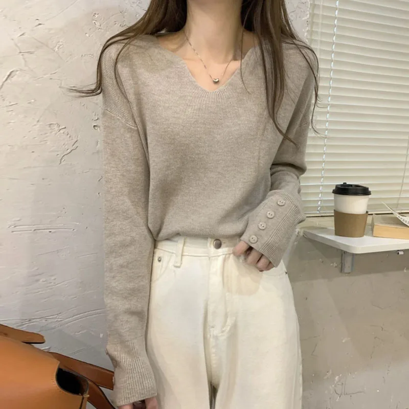 محبوك سترة المرأة البلوفرات جديد طويل الأكمام الخامس الرقبة الأسود متماسكة سترة البلوز المرأة بلايز تريكو Sueters De Mujer Q1034