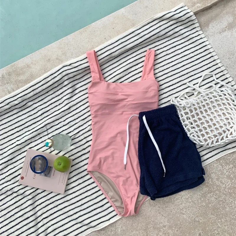 Women Sexy Bandeau One Piece Swimsuit Solid Pink Swimwear Korean Monokini Open Back Backless Trikini Push Up Pad Bathing Suit