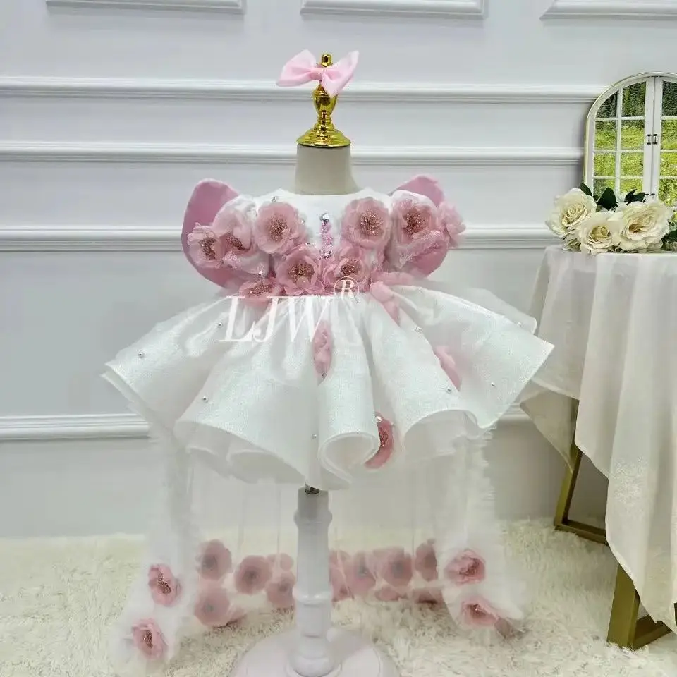 Elegant girls puff sleeves flower girl dress Gorgeous children's girl beauty pageant princess gown baby first communion performa