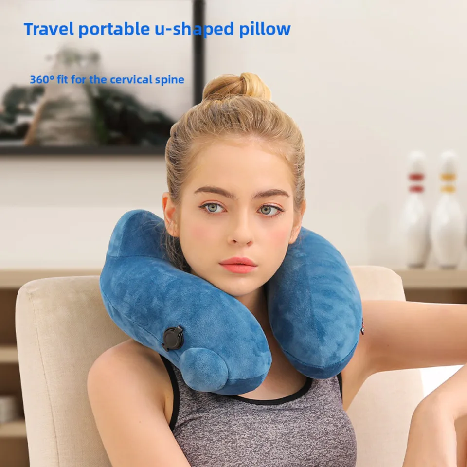 Portable Inflatable U-shaped Pillow Folding Travel Pillow With Neck Rest Inflatable Airplane Feature Made Of Polyester