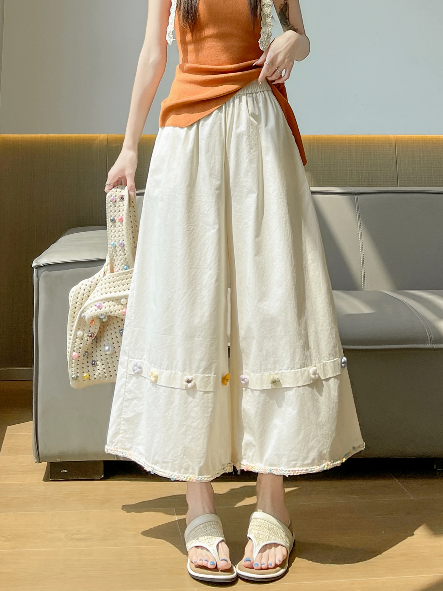 

Ice Silk Washed Cotton Hook Embroidered Wide Leg Pants Women Summer Thin Casual Straight Cut Loose Fit Commute Style Trousers