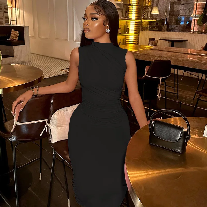 

Women's summer fashion solid color sexy semi-turtleneck long dress slim sleeveless dress women