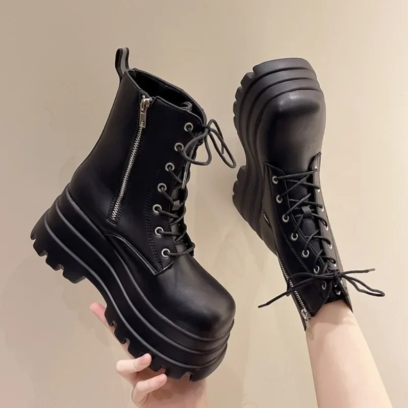 Increase Height Shoes Non-slip Thick Sole Shoes 9cm British Style Short Women Boots Fashion Versatile Biker Boots Botines Mujer