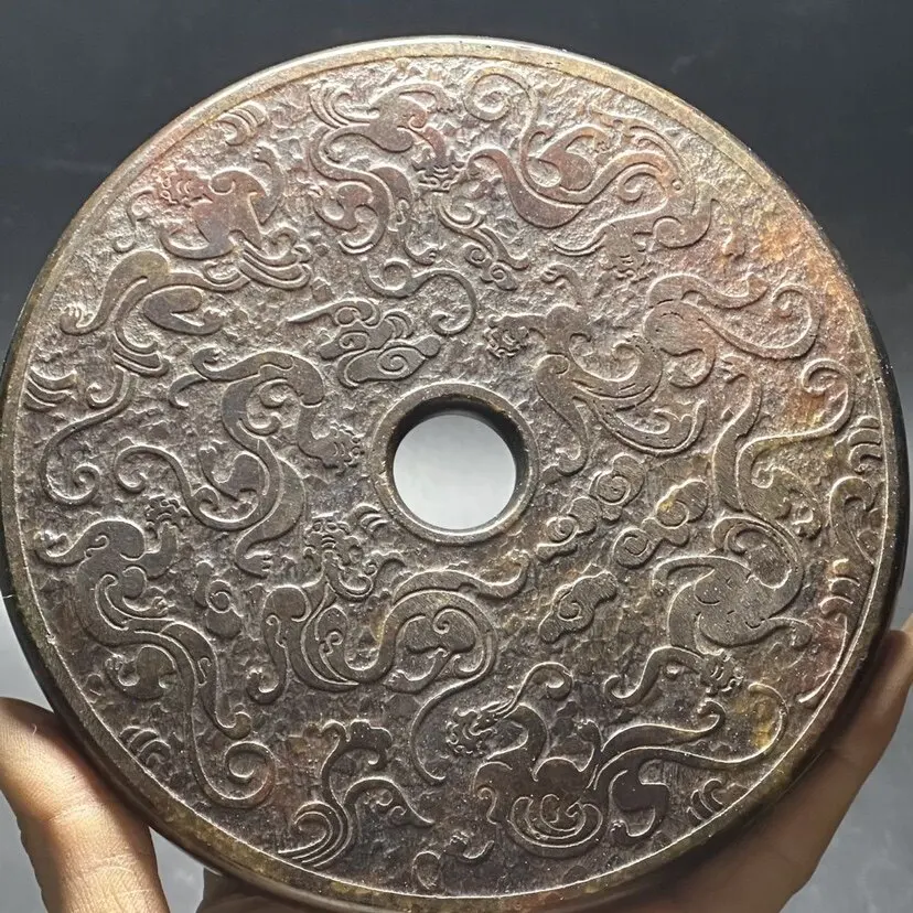Archaic Style Nine Dragons Jade Bi Disc Ancient Xiuyan Jade Antique Collectible Desktop Ornament Feng Shui Home Decor