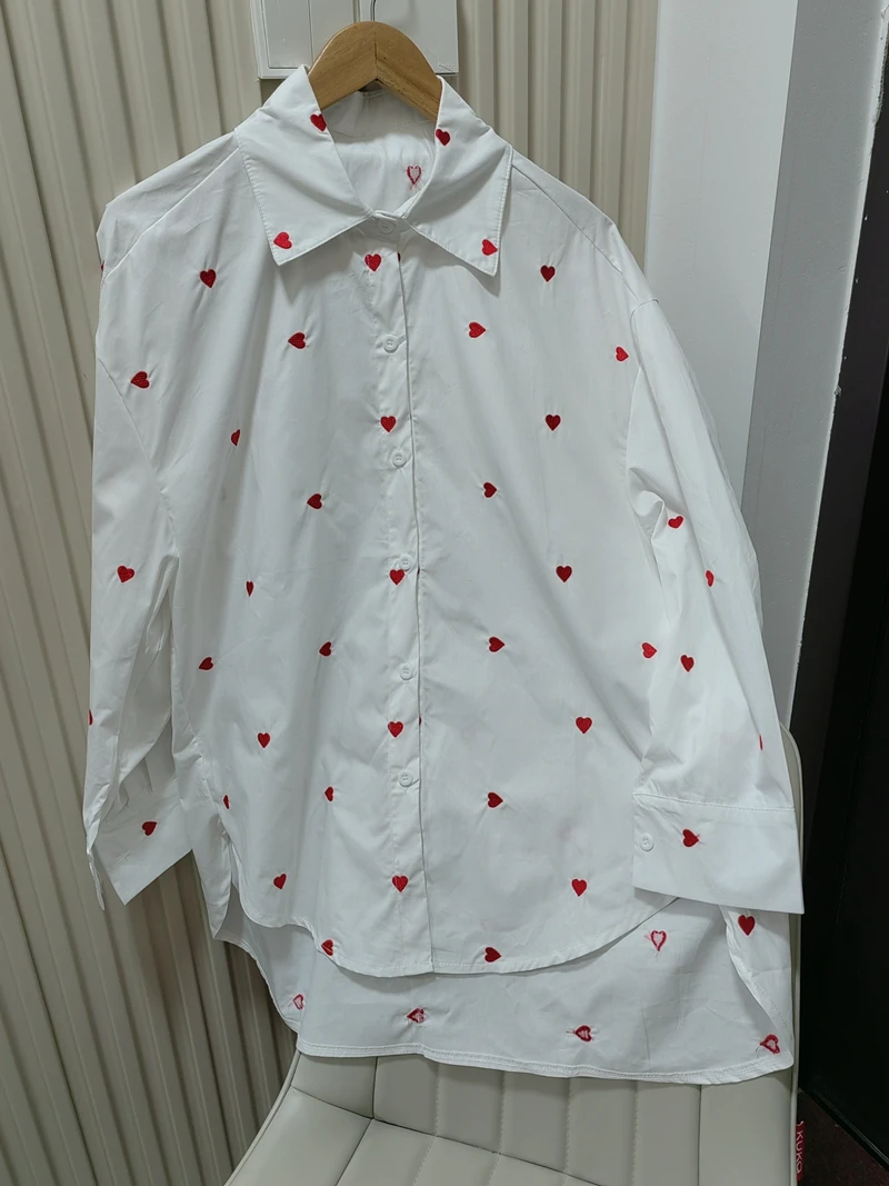 Real Photo White Heart Turn-over Collar Shirt 2025 Spring and Autumn New Korean Style Casual All-match Thin Blouse Women\'s Cloth