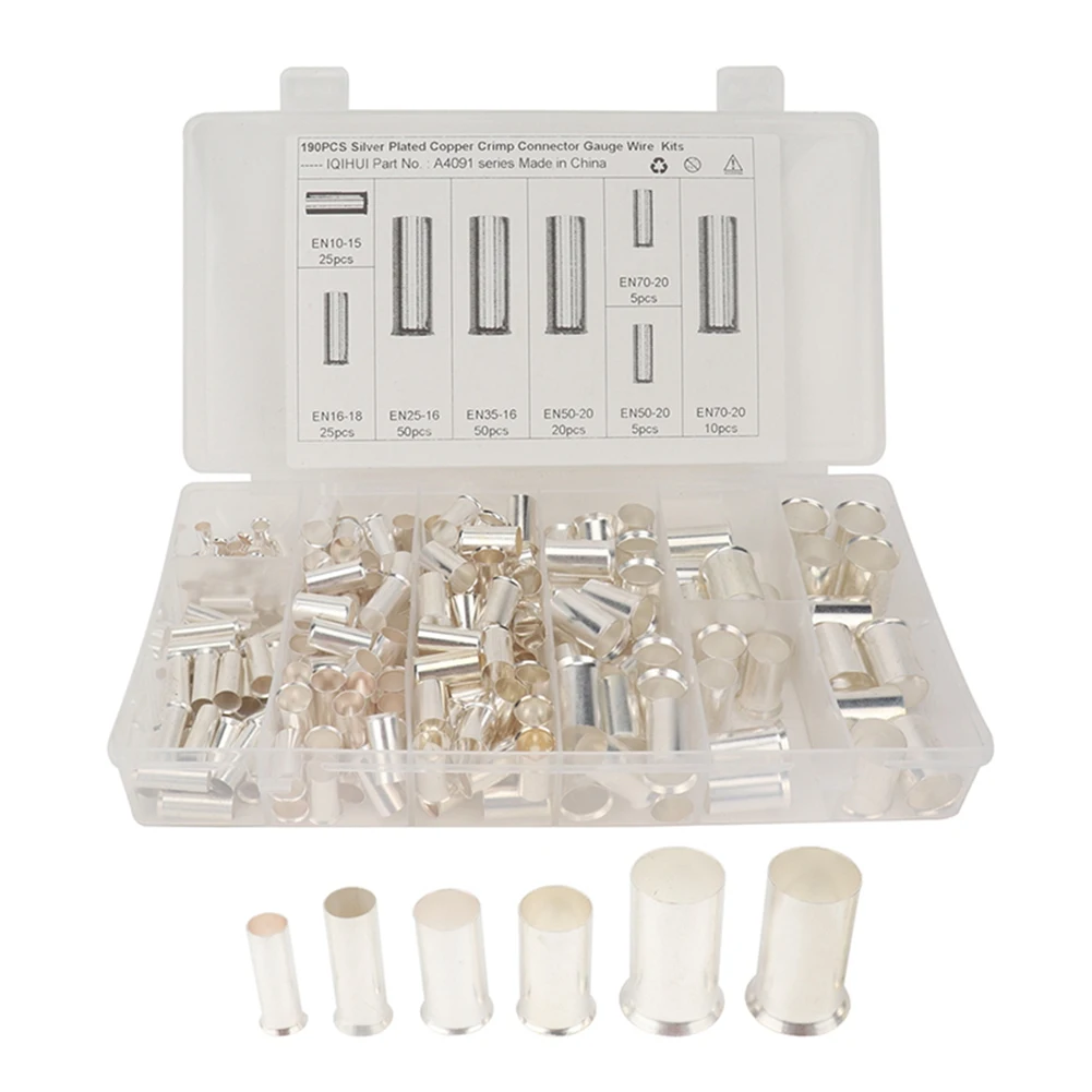 

B07A-190 шт. (AWG 8 6 4 2 1 2/0) 2/0-8 Наборы наконечников для калибра с медным покрытием, обжимные соединители, наконечники, конец шнура