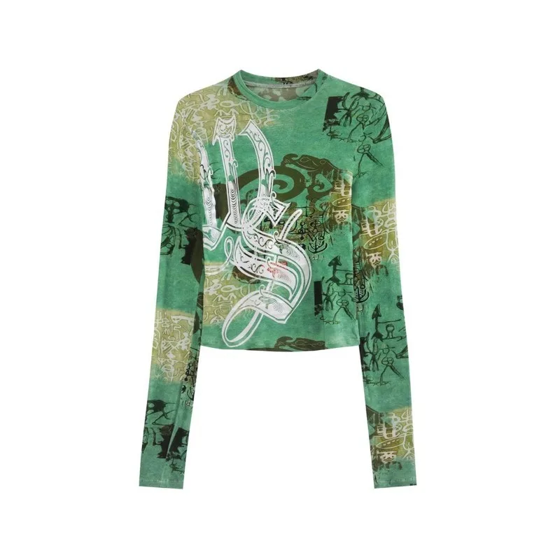 Tops T-shirts Women's Spring/Autumn Subculture Patterned Stretch Fitted Long-sleeved Niche Comfortable Versatile Chic Premium
