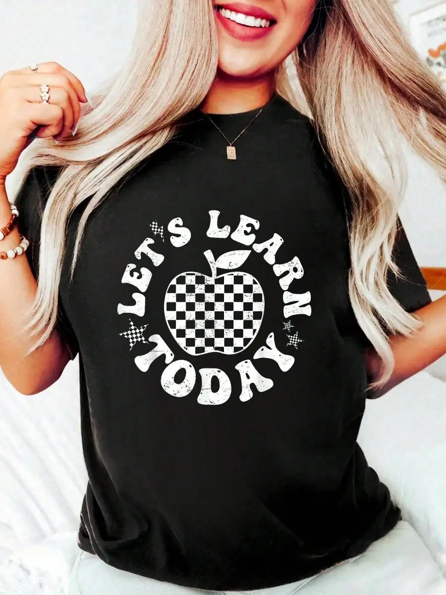 Let s Learn Today Checkered Back To School Teacher T-Shirt Cotton Graphic Tee For Women, Round Neck Short Sleeve Casual Tops