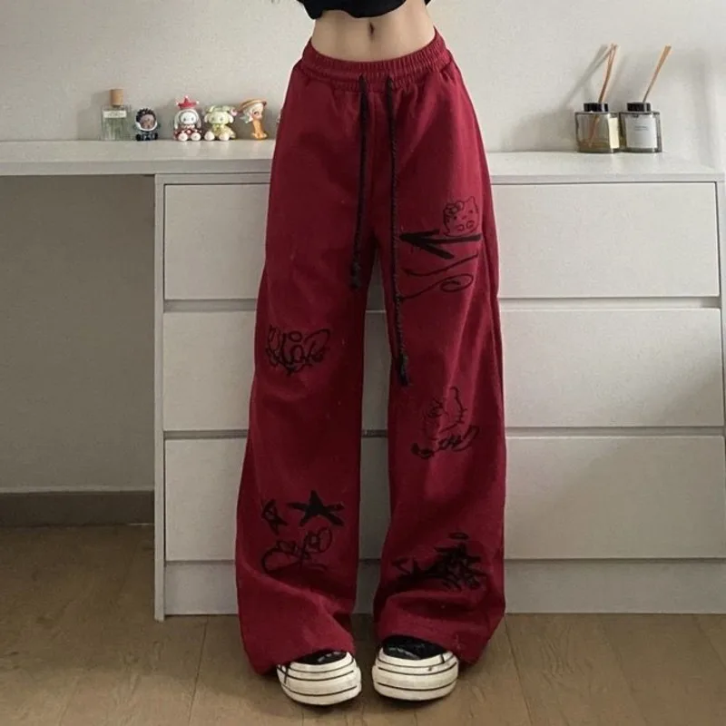 New Sanrio Hello Kitty Y2k pantaloni Cute Cartoon Cat Graffiti Print pantaloni Casual autunno pantaloni larghi a vita alta abbigliamento donna