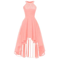 Chic Solid Color Lace Embroidery Halter High Low Chiffon Party Dress