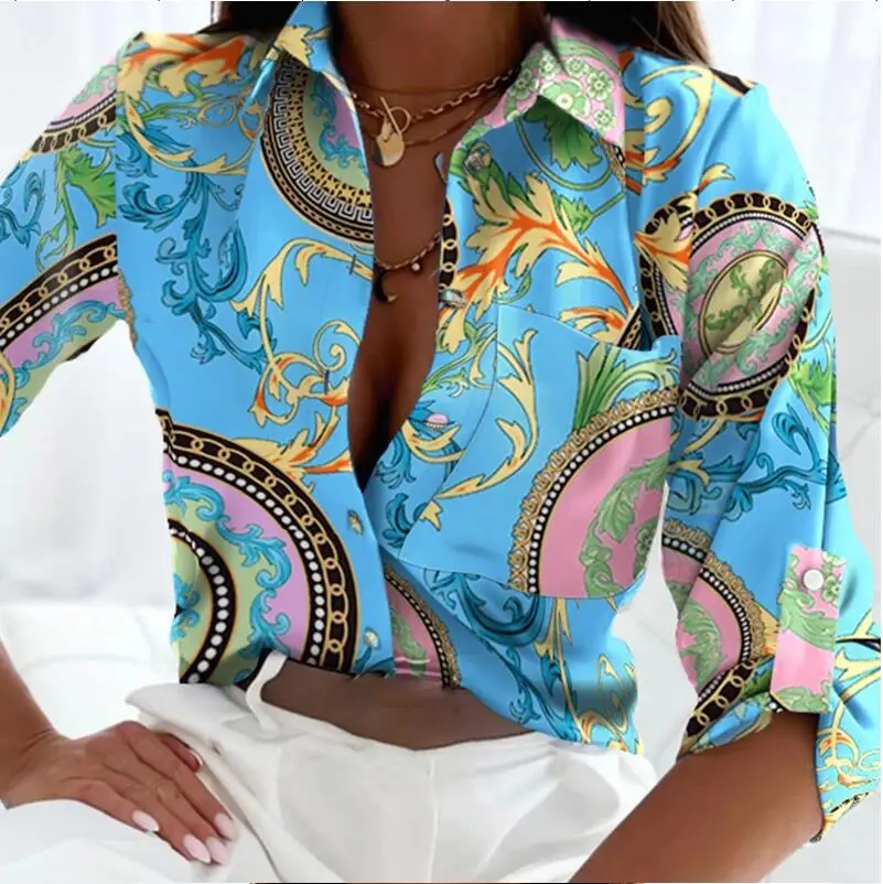 

Casual New Long Sleeve Lapel Slim Tops Women Fashion Commute Chic Clothes Blusas Office Ladies Multicolor Printed Blouses [][\9