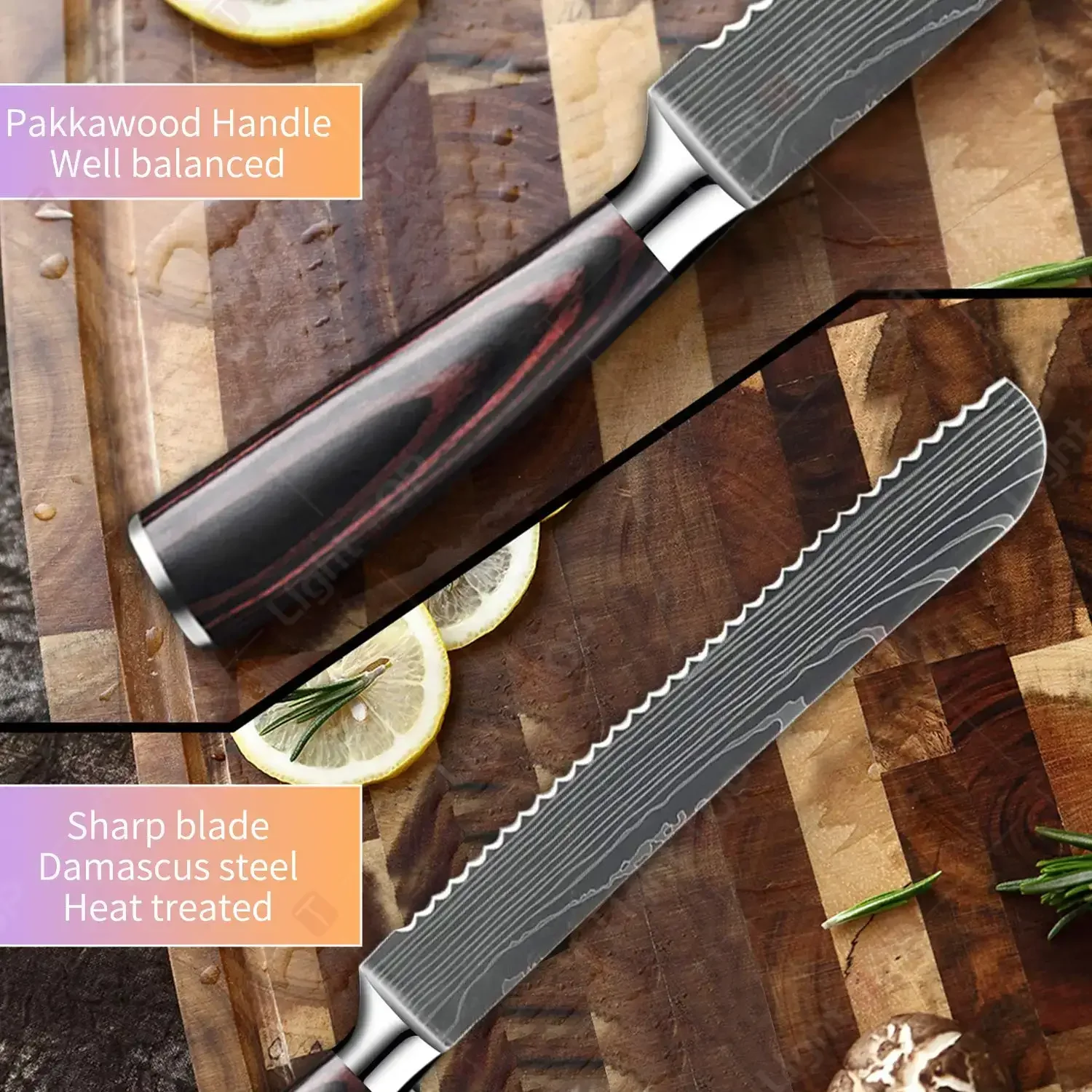 8 Inches Bread Knife Kitchen Knife Cutting Bread Cheese Knife Laser Damascus Knives Wooden Handle Professional Kitchen Knives