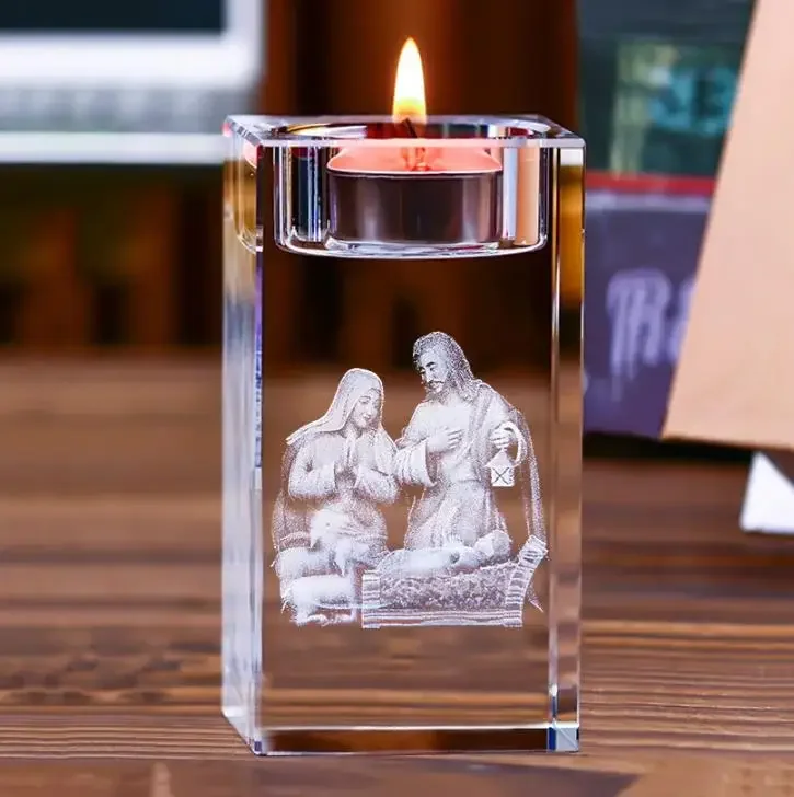 3D Laser Glass Crystal Christian Jesus Cross Candle Holder Home Decor Glass Candle Holder Candlestick Decoration Gift