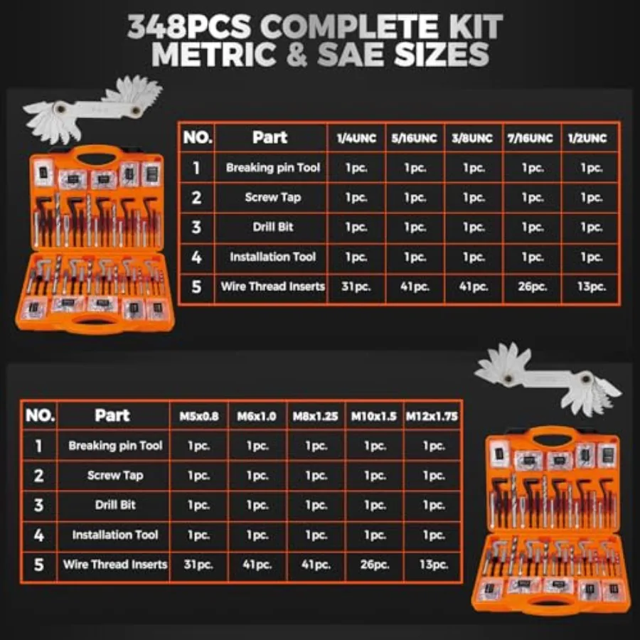 348-Piece Thread Repair Kit, Metric and SAE Helicoil Set with HSS Drill Bits, Thread Inserts, Taps and Installation Tools, for