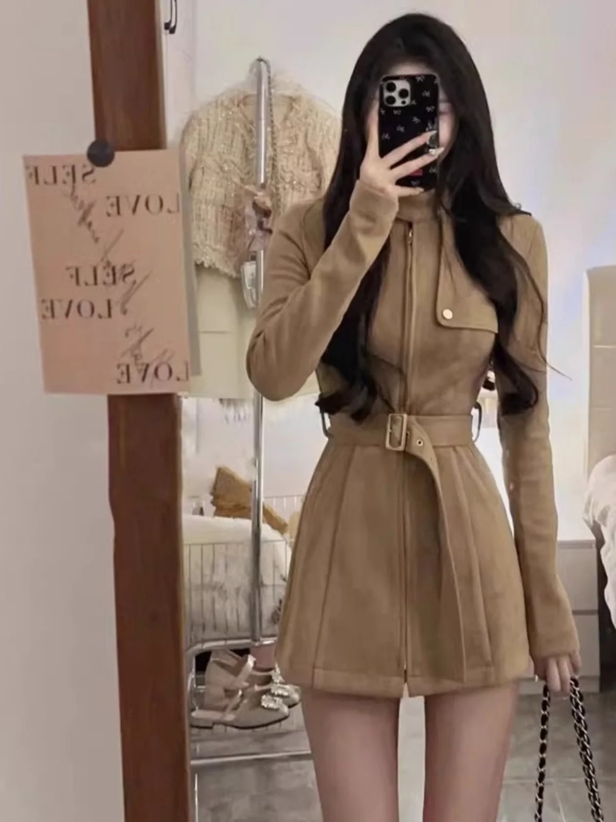 

Slim Fit Biker Jacket And Shorts Set High Waist Stand Collar Suede Fabric Fashionable Two Piece Set for Small Figures Spring