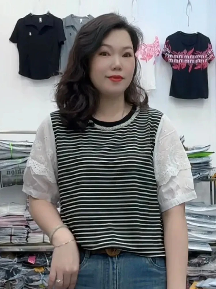 Puur Katoen ort Sve T-shirt vrouwen Zomer Nieuwe Losse Grote Maat Kant Splicing Koreaanse Sle ronde Ne Streep Patroon top