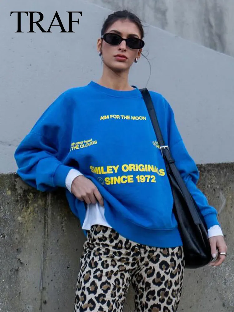 TRAF 2024 Spring New Women\'s Sports Pullover Round Neck Loose Long Sleeves Letter Print Blue Woman Sweatshirt Wild Streetwear