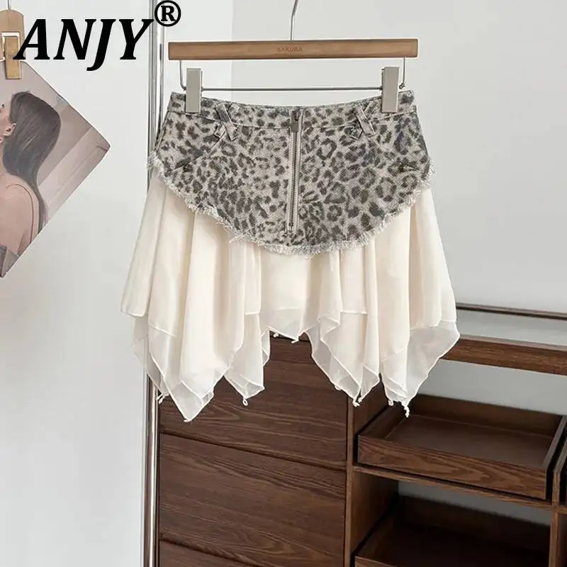 

ANJY Summer New Women Stylish Leopard Print Patchwork Denim Irregular Short Skirt Trend Fashion Casual High Street Skirts A23510