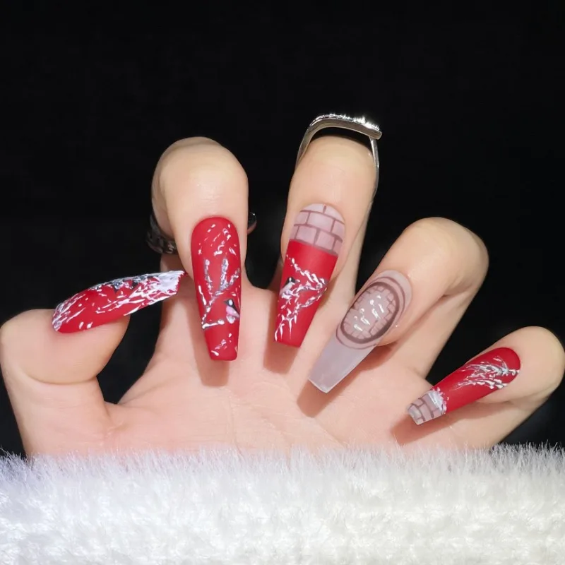 Uñas postizas artificiales de estilo chino, 10 piezas, hechas a mano, color rojo, blanco, nieve, ataúd largo, para pegar a presión