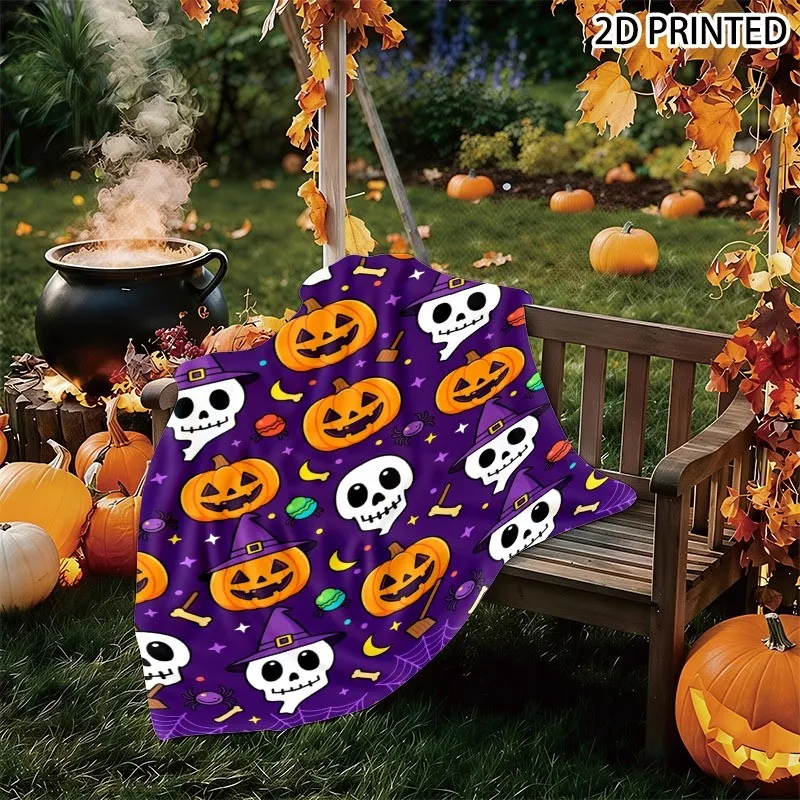 Whimsical Halloween Throw Blanket with Purple Background, Playful Spooky Pattern of Jack-O'-Lanterns, Ghosts, Spider Webs & Fest