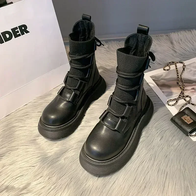 Fashion Ankle Boots Women\'s Autumn Winter Elastic Knitting Short Boots Thick-soled Inner Increase Women\'s Motorcycle Botas
